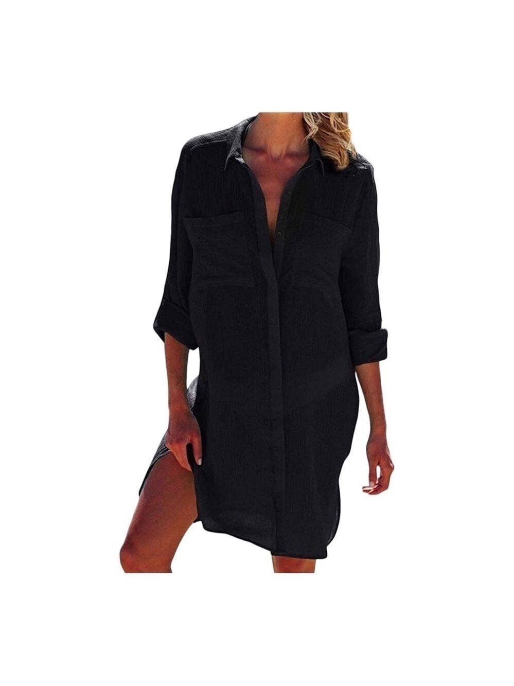 JFAN Women's Button Down Shirts Crinkle Chiffon Cover Up  Cardigan Beach Dress